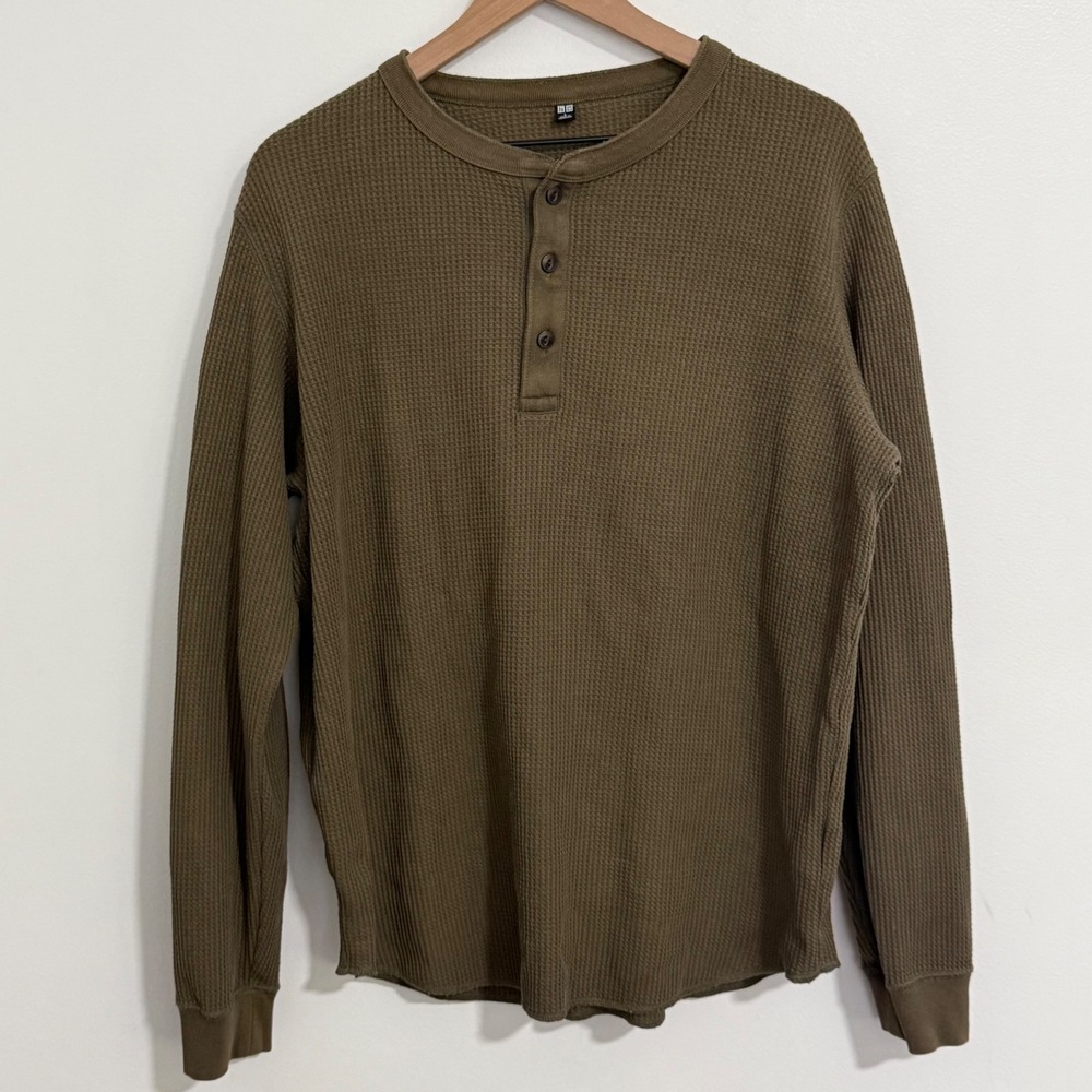 Uniqlo Henley Shirt Mens L Brown Waffle Knit Long Sleeve Thermal Earthy Granola